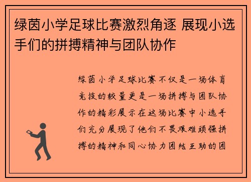 绿茵小学足球比赛激烈角逐 展现小选手们的拼搏精神与团队协作