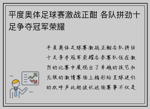 平度奥体足球赛激战正酣 各队拼劲十足争夺冠军荣耀