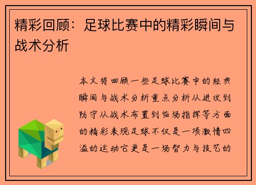 精彩回顾：足球比赛中的精彩瞬间与战术分析