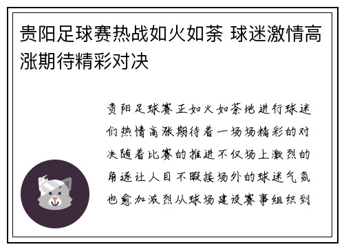 贵阳足球赛热战如火如荼 球迷激情高涨期待精彩对决