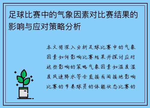足球比赛中的气象因素对比赛结果的影响与应对策略分析