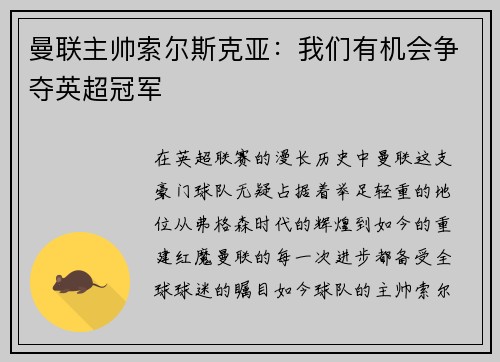 曼联主帅索尔斯克亚：我们有机会争夺英超冠军