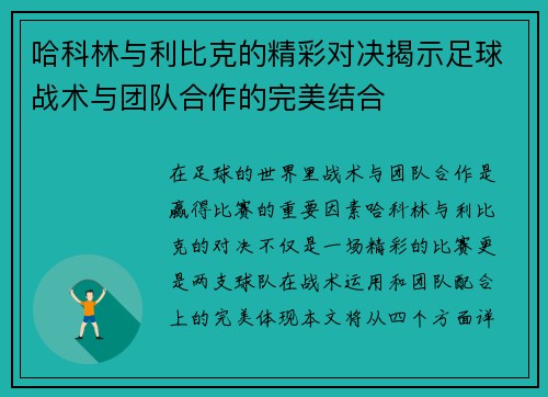 哈科林与利比克的精彩对决揭示足球战术与团队合作的完美结合