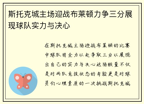 斯托克城主场迎战布莱顿力争三分展现球队实力与决心