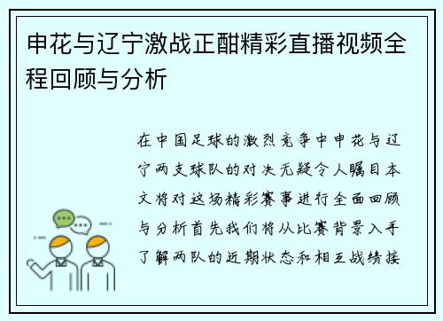 申花与辽宁激战正酣精彩直播视频全程回顾与分析