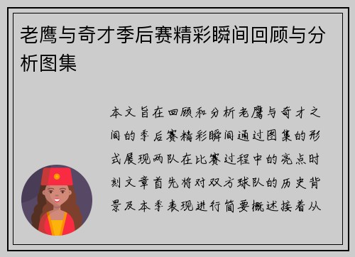 老鹰与奇才季后赛精彩瞬间回顾与分析图集