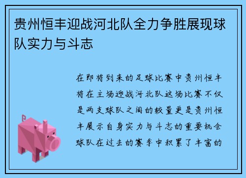 贵州恒丰迎战河北队全力争胜展现球队实力与斗志