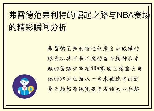 弗雷德范弗利特的崛起之路与NBA赛场的精彩瞬间分析