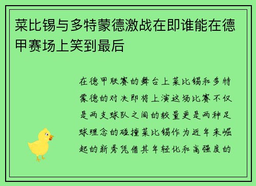 菜比锡与多特蒙德激战在即谁能在德甲赛场上笑到最后