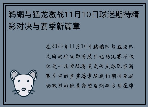 鹈鹕与猛龙激战11月10日球迷期待精彩对决与赛季新篇章