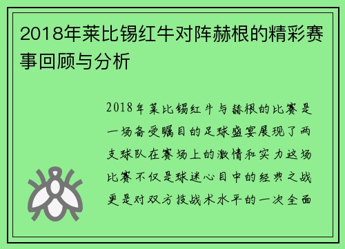 2018年莱比锡红牛对阵赫根的精彩赛事回顾与分析
