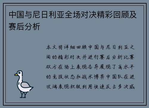 中国与尼日利亚全场对决精彩回顾及赛后分析