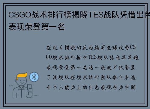 CSGO战术排行榜揭晓TES战队凭借出色表现荣登第一名