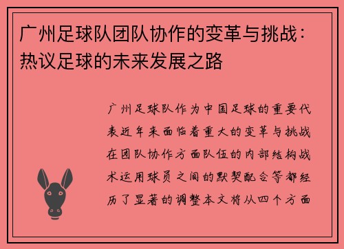 广州足球队团队协作的变革与挑战：热议足球的未来发展之路